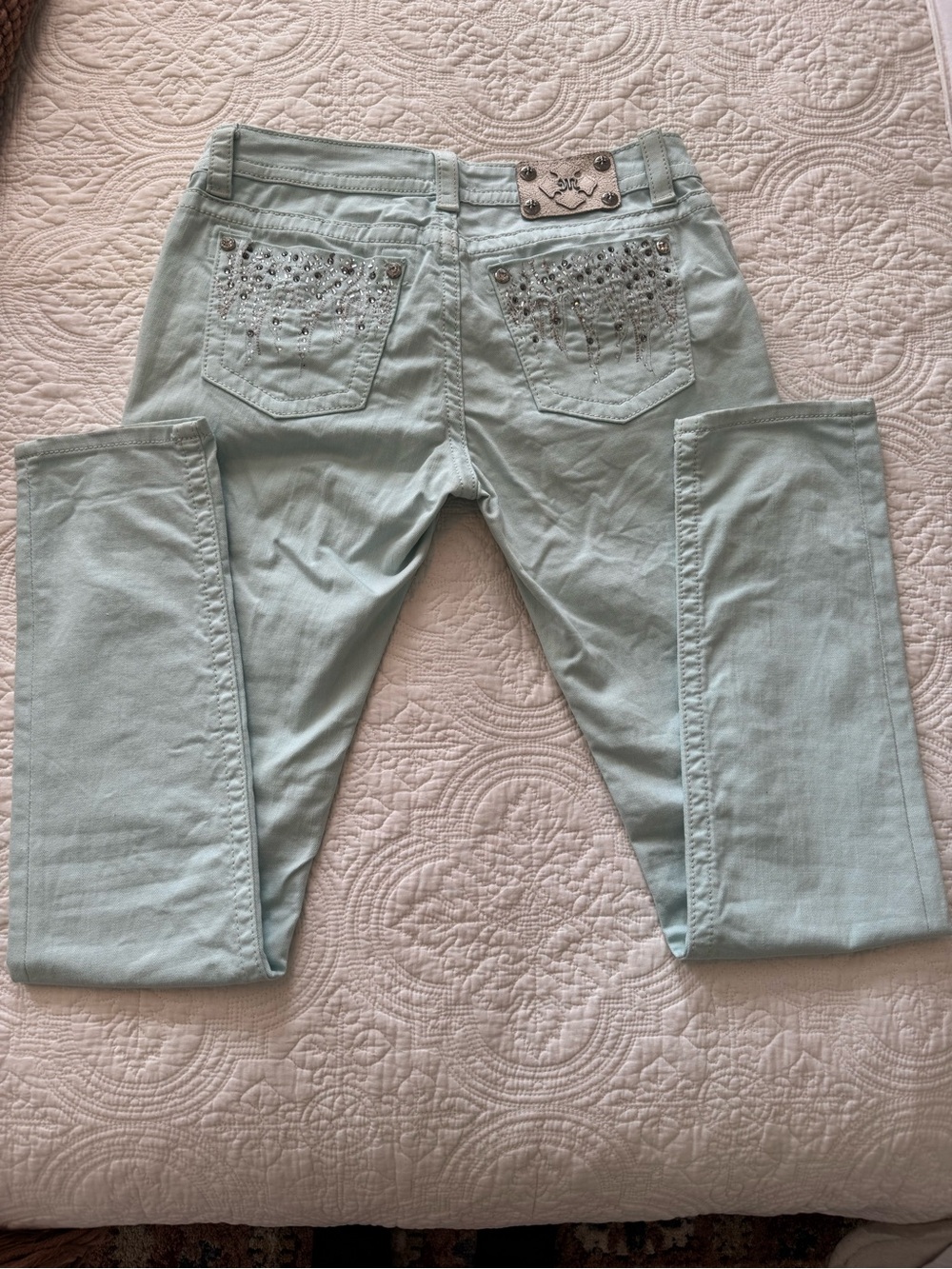 Miss Me Ice Blue Skinny Jeans with Embroidered Pockets, size 30